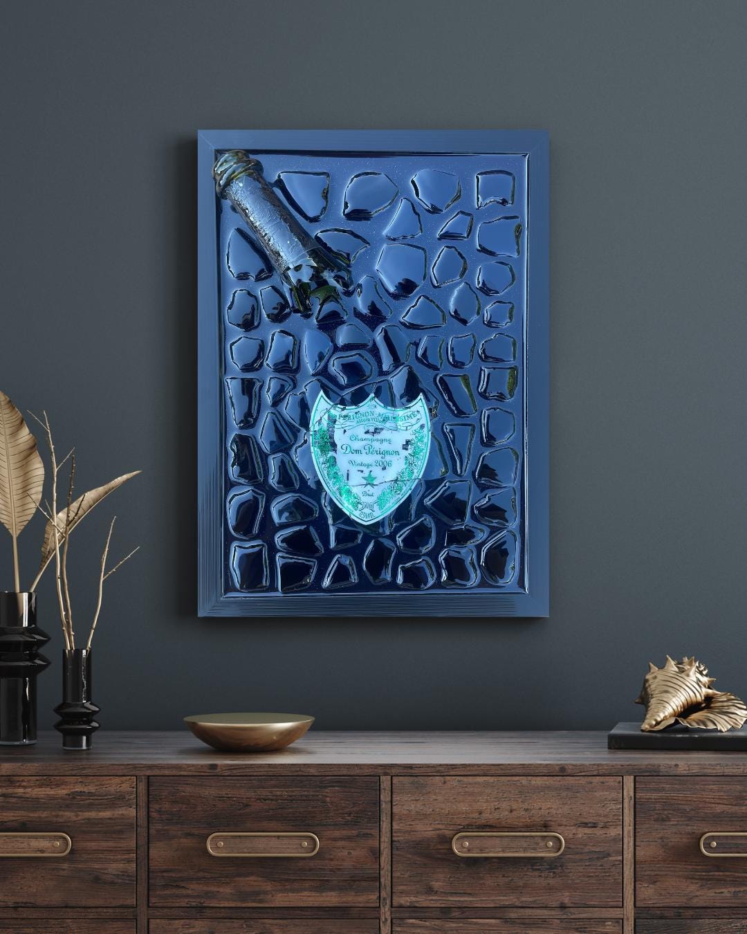 Broken Bottle Art Resin Painting Perignon 2006 Epoxy Artwork by Michael Riedel Modern Home Decor Gift for Him