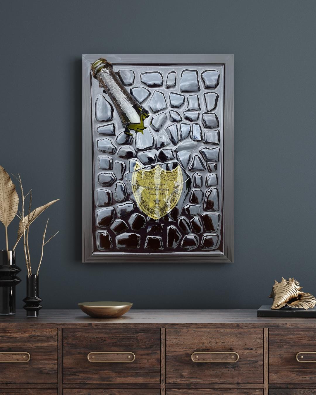 Broken Bottle Art Perignon Champagne Bottle 1998 Resin Artwork Broken Glass Art Gift for Him