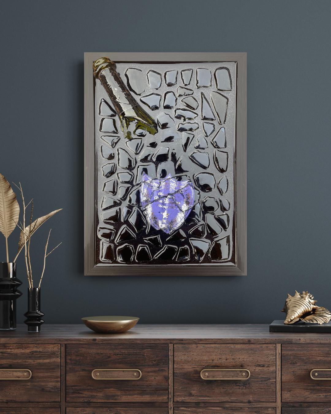 Luxury Epoxy Resin Art | Broken Bottle Art | Champagne Bottle | Pérignon Light Purple | Gift for Him | Broken Glass Art