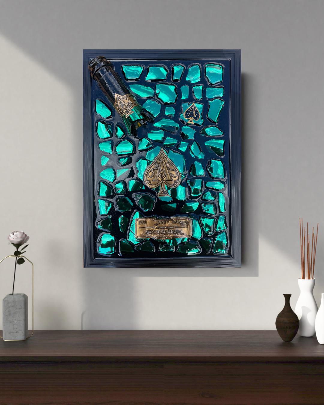 Brignac Green Broken Bottle Art | Epoxy Resin Art | Broken Glass Art | Unique Gift For Him | Home Decor