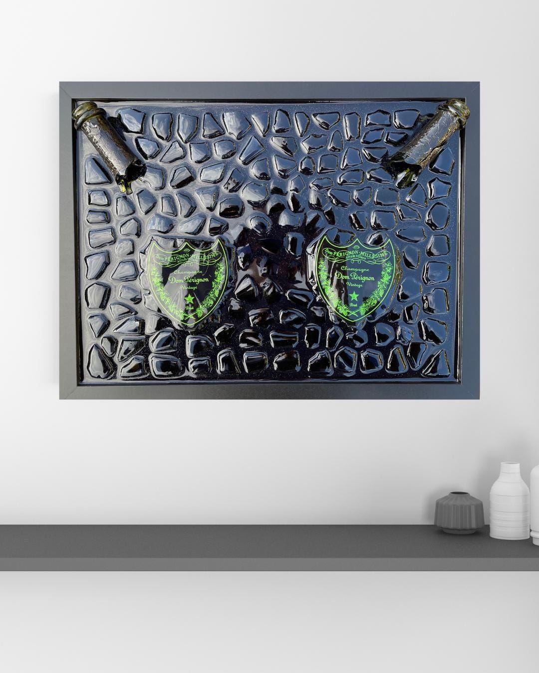 Luxury Epoxy Broken Bottle Artwork Featuring Green Pérignon Champagne Bottles