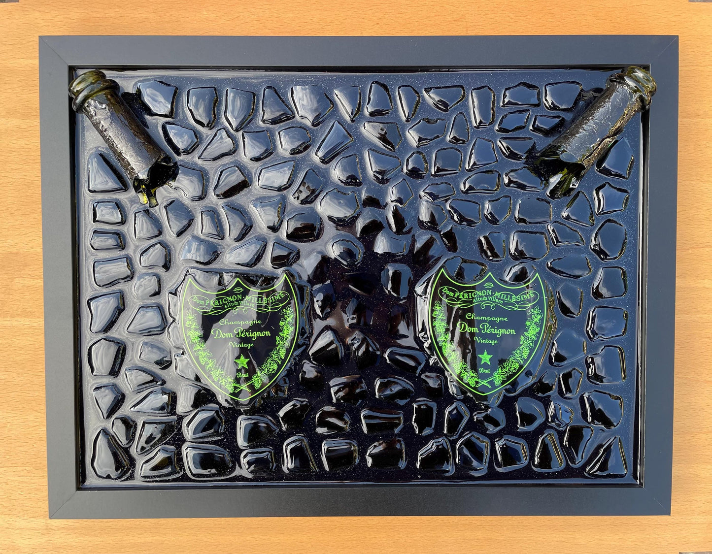 Luxury Epoxy Broken Bottle Artwork Featuring Green Pérignon Champagne Bottles