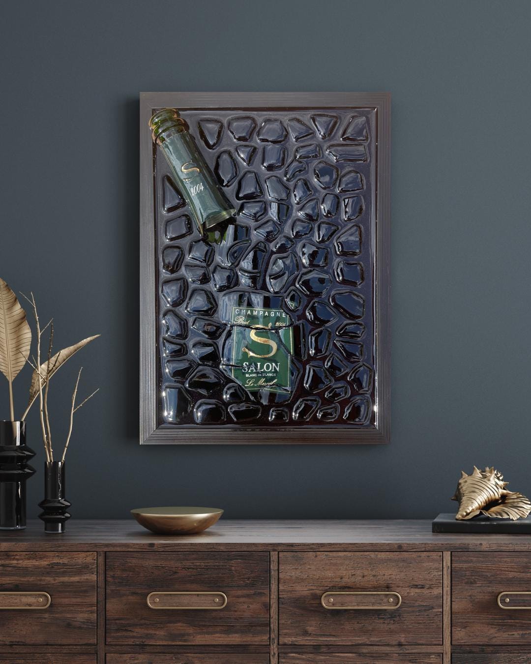 Luxury Epoxy Art | Broken Bottle Art | Salon Champagne 2004 | Resin Decor | Unique Gift for Him | Man Cave Art