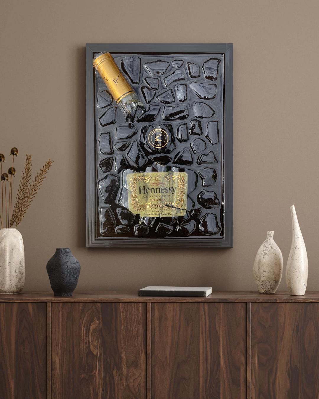 Hennessy Cognac Bottle Art | Luxury Resin Art Piece | Epoxy Broken Bottle Decor | Gifts for Him | Modern Art