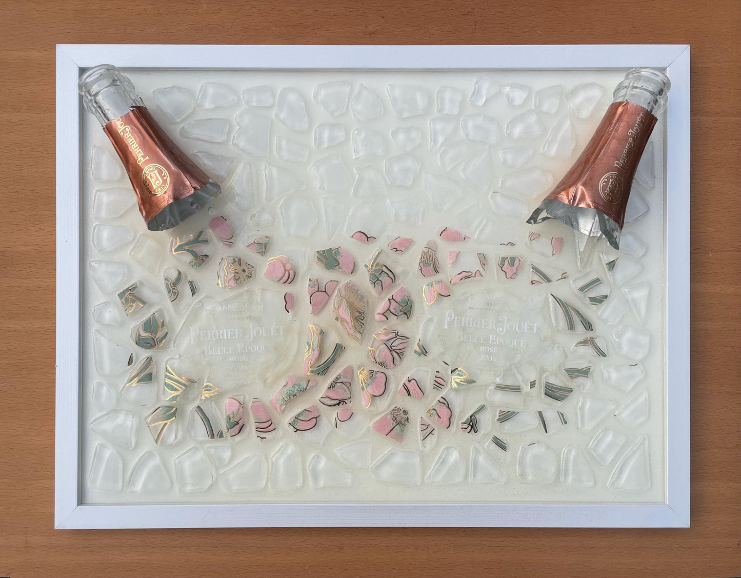 Broken Bottle Art | Epoxy Resin Art | Perrier-Jouët Rose Champagne Art | Gift for Him | Unique Decor | Bar Wall Art