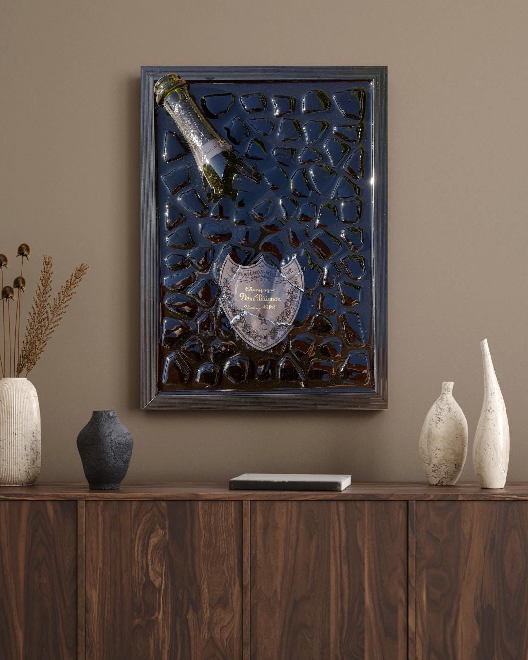 Luxury Epoxy Broken Bottle Artwork Featuring Pérignon P2 1998 Champagne Bottle | Handmade Resin Art