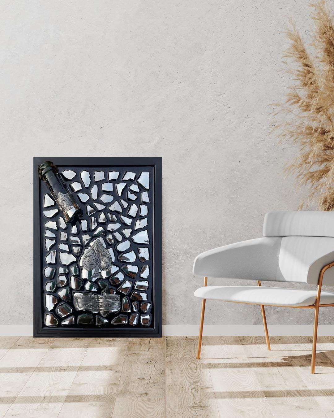 Luxury Epoxy Broken Bottle Artwork Featuring Brignac Champagne Bottle with Silver Tones | Gift for Him | Luxury Home Decor