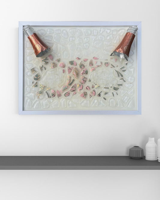 Broken Bottle Art | Epoxy Resin Art | Perrier-Jouët Rose Champagne Art | Gift for Him | Unique Decor | Bar Wall Art