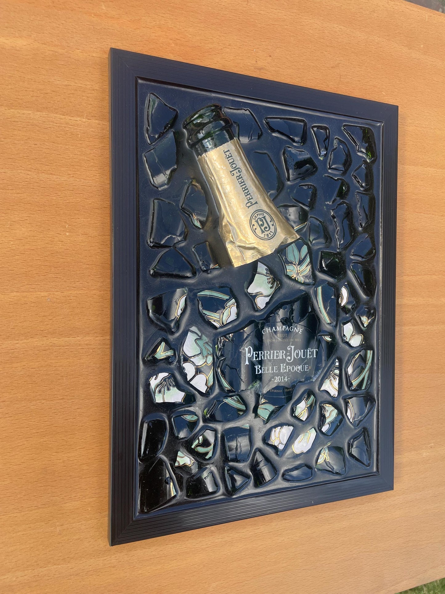 Broken Bottle Art Featuring Perrier-Jouët Champagne Bottle | Gifts for Him | Epoxy Resin Art | Unique Decor | Epoxy art