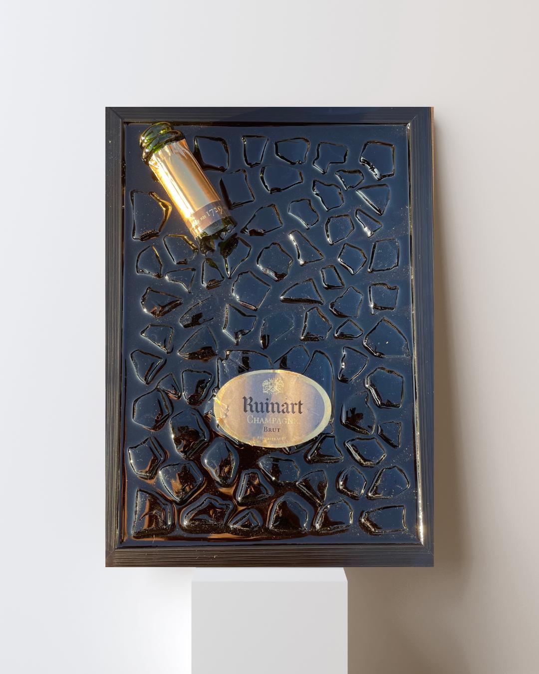 Champagne Broken Bottle Art Black & Gold Epoxy Resin Modern Wall Decor