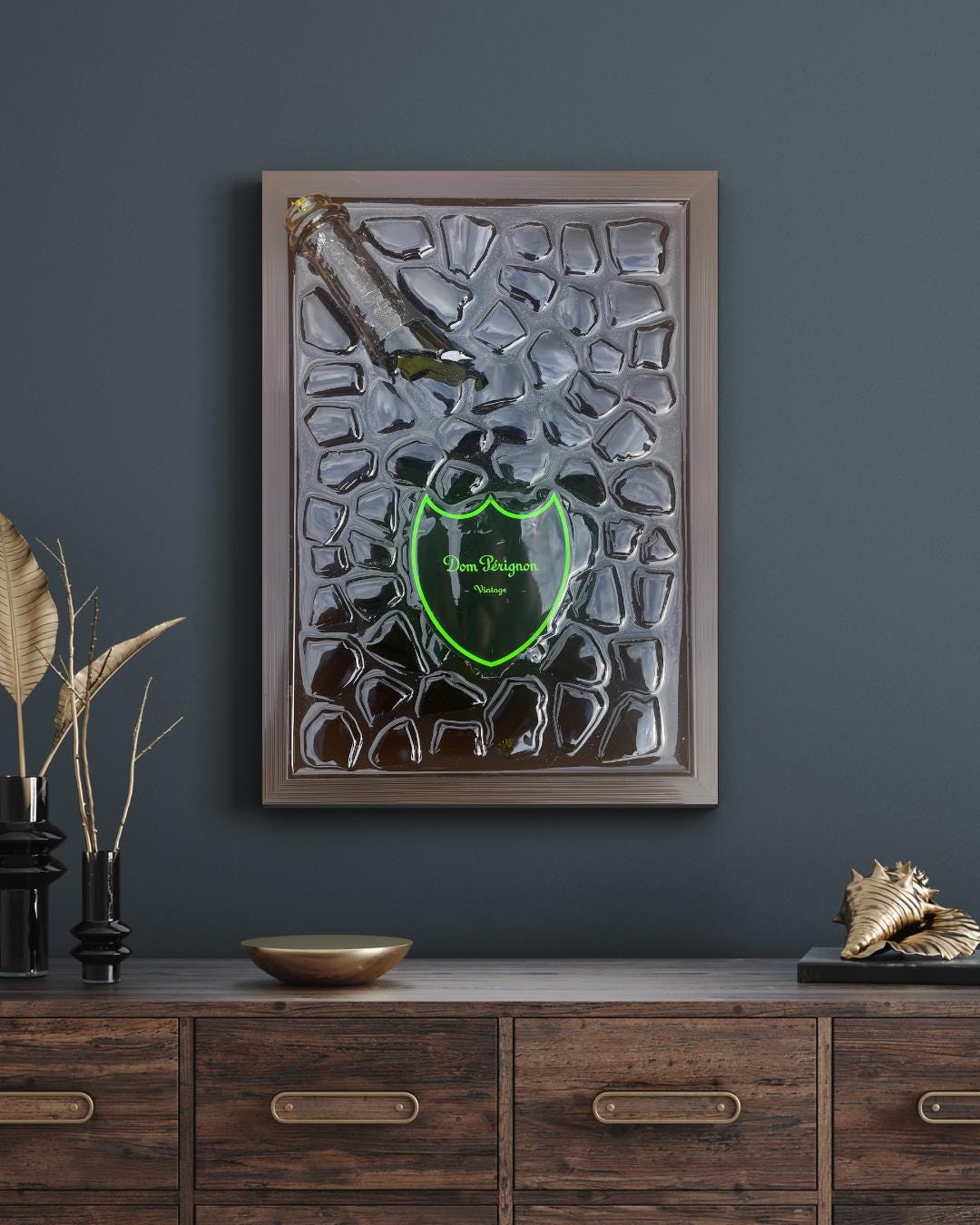 Broken Bottle Art | Green Pérignon Champagne Bottle | Luxury Epoxy | Resin | Gift for Him | Unique Decor