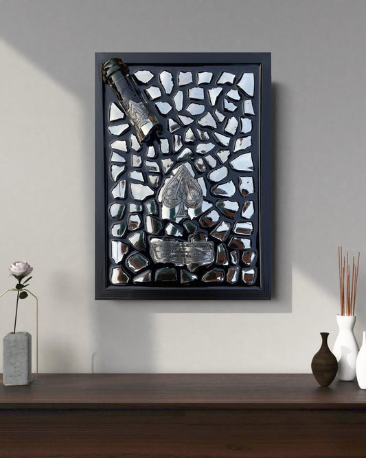 Luxury Epoxy Broken Bottle Artwork Featuring Brignac Champagne Bottle with Silver Tones | Gift for Him | Luxury Home Decor