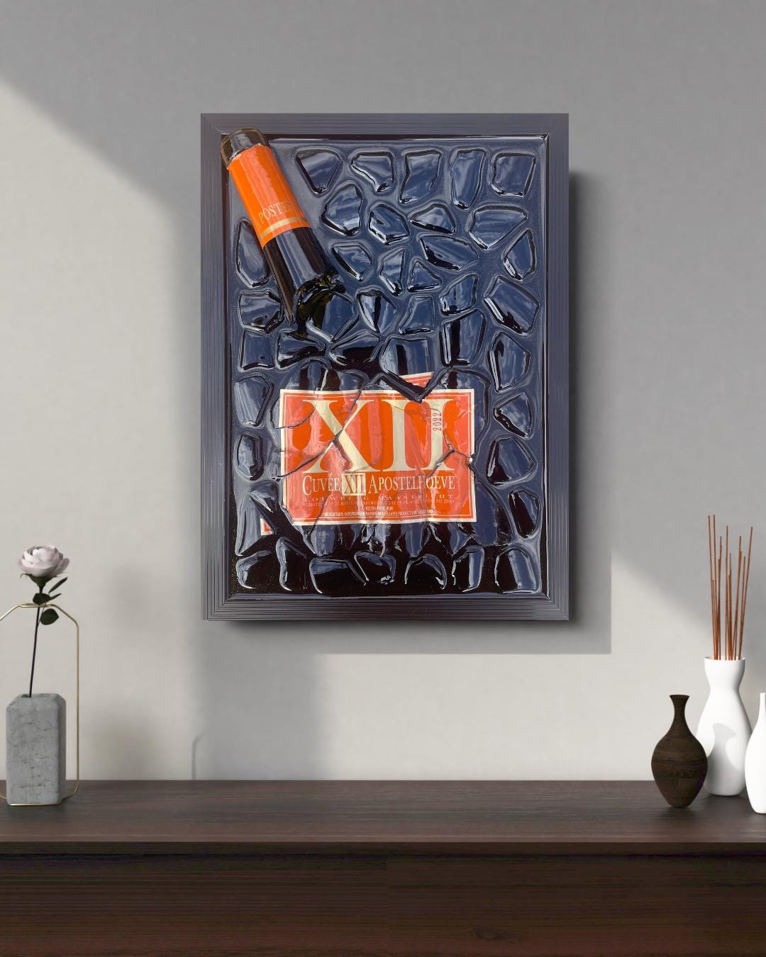 Epoxy Broken Wine Bottle Art: Cuvée XII Apostelhoeve, Luxury Home Decor