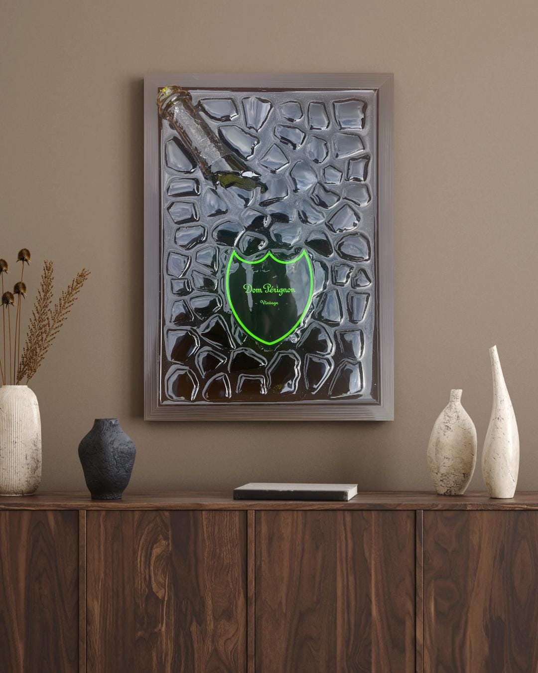 Green Pérignon Luminous Champagne Broken Bottle Art Epoxy Resin Decor Modern Fall Home