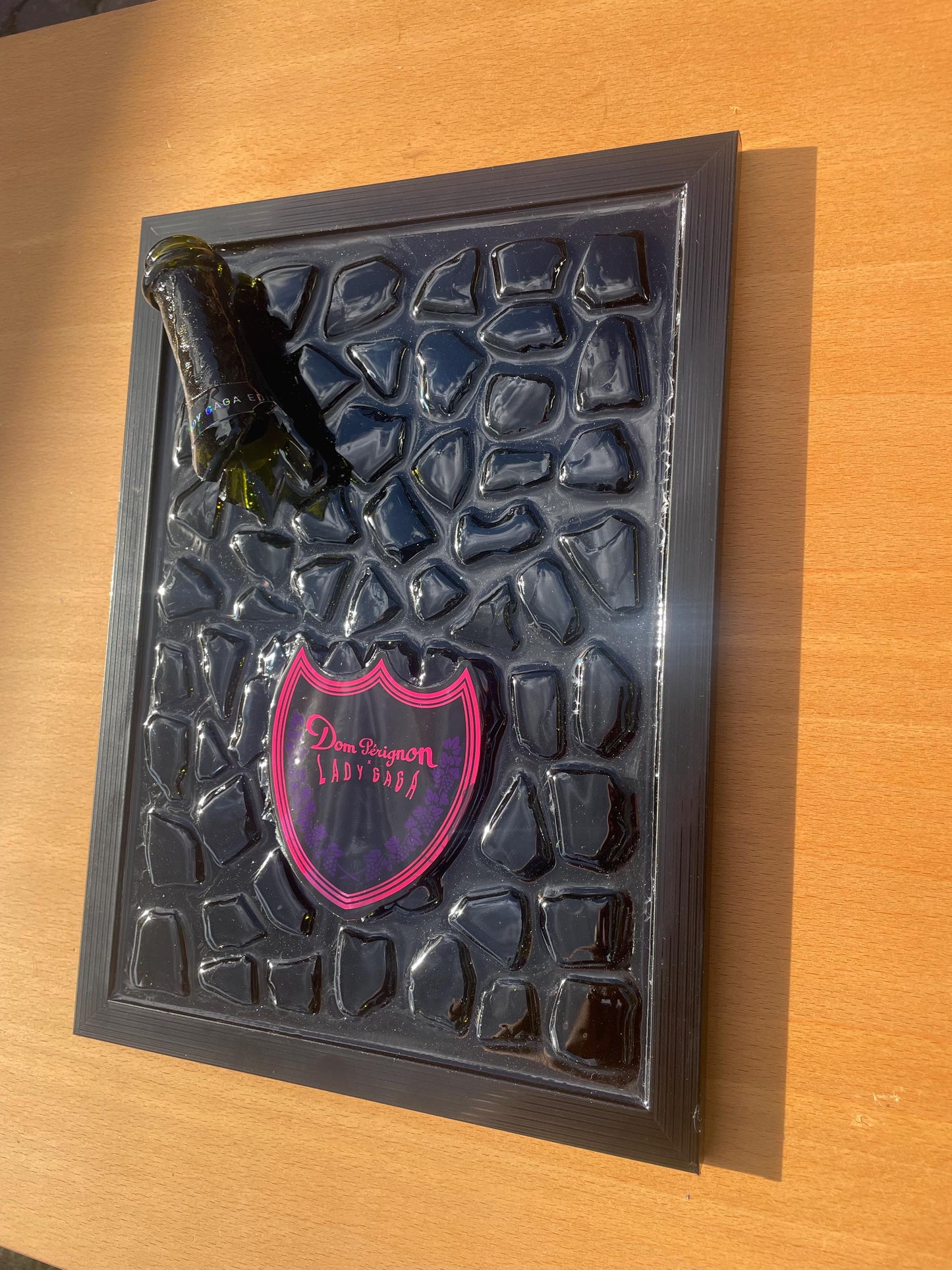 Broken Bottle Art Luxury Epoxy Resin | Unique champagne and Lady Gaga inspired resin artwork