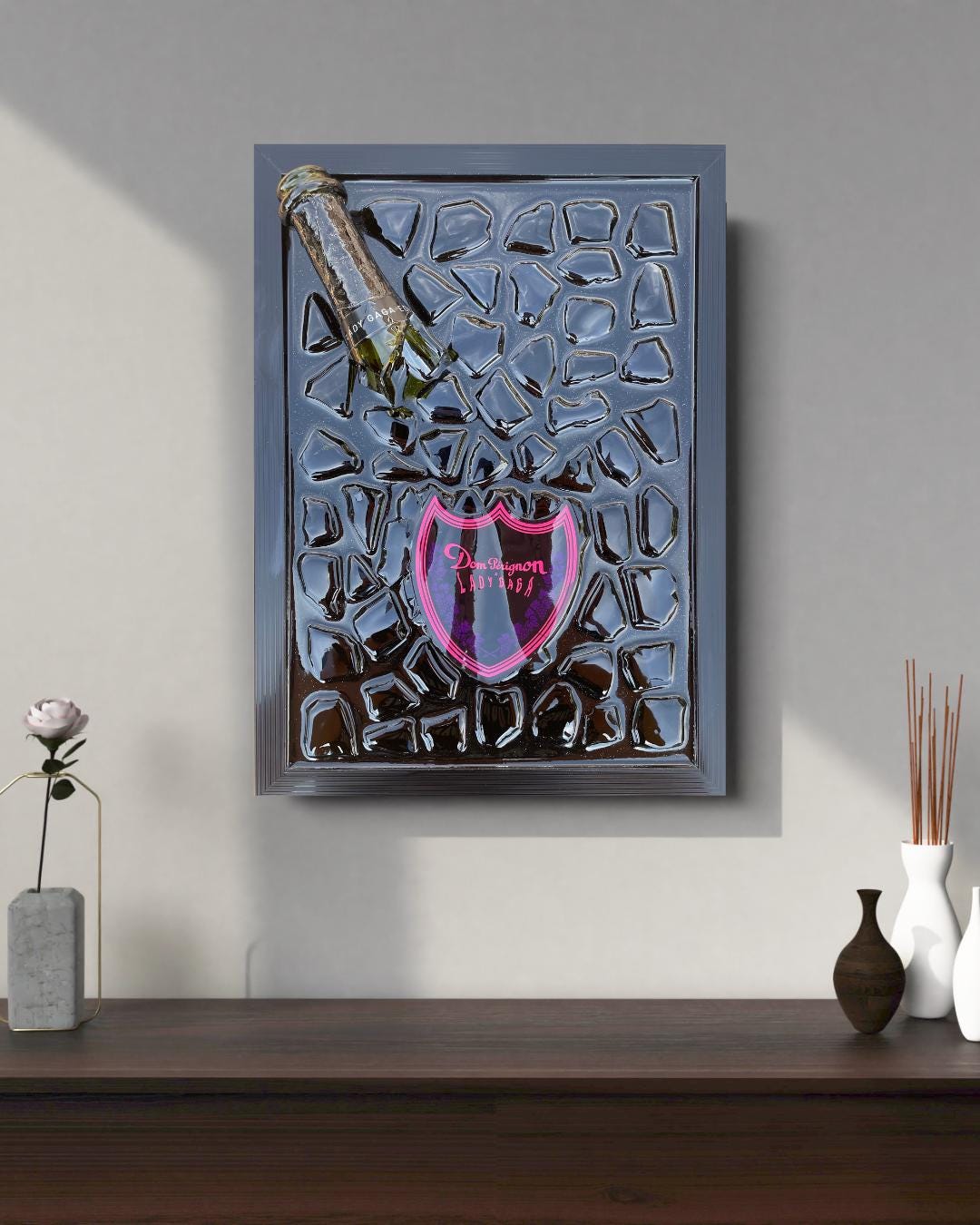 Broken Bottle Art Luxury Epoxy Resin | Unique champagne and Lady Gaga inspired resin artwork