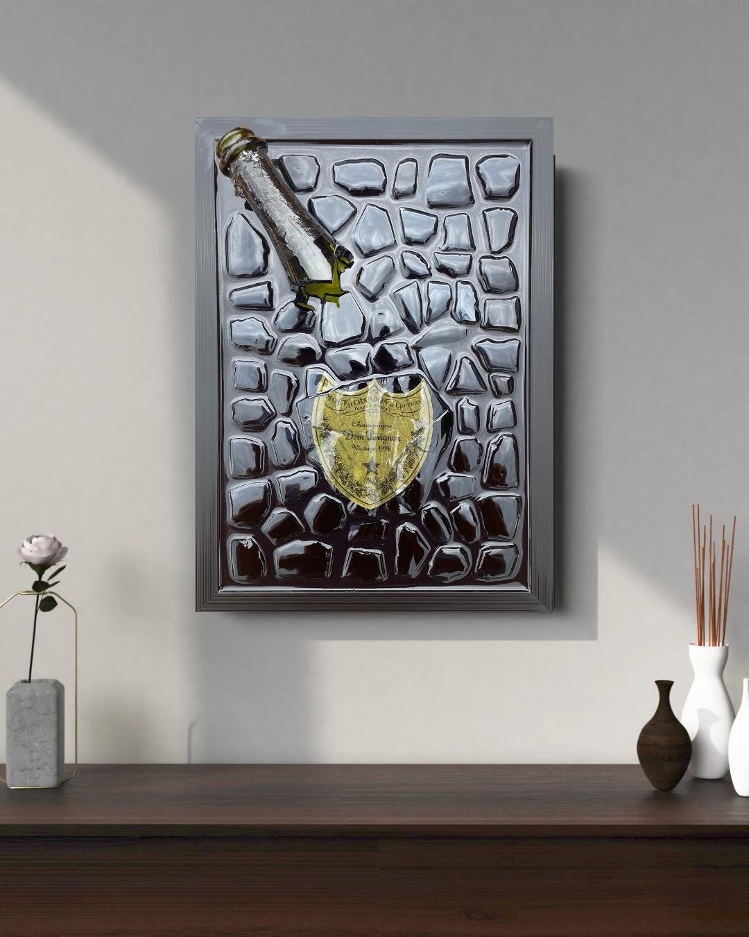 Broken Bottle Art Perignon Champagne Bottle 1998 Resin Artwork Broken Glass Art Gift for Him