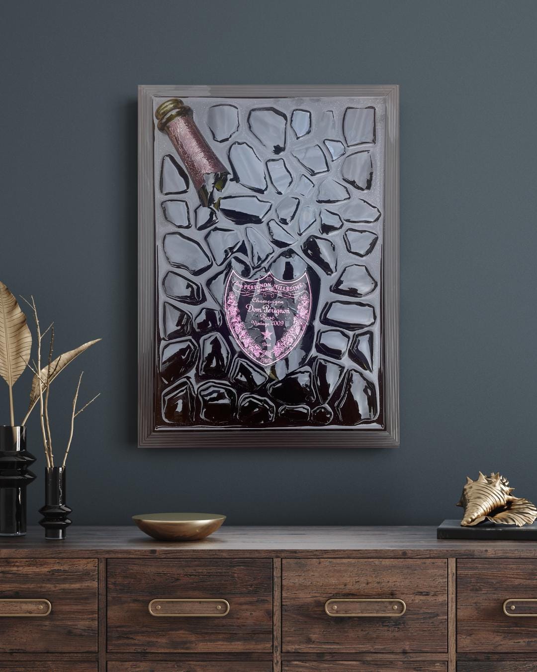 roken Bottle Art Pérignon Pink 2009 Artwork Luxury Home Decor Unique Artwork Gift for Him Resin Art