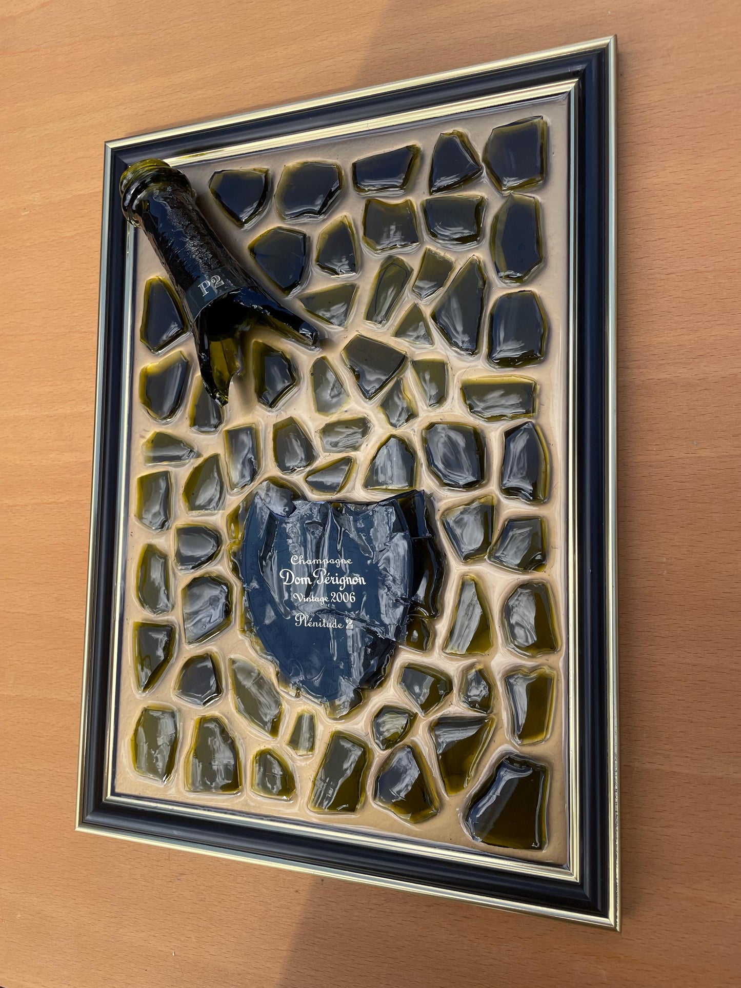 Broken Bottle Art Perignon P2 2006 Gold Epoxy Resin Painting Resinart Home Decor Unique Art Piece