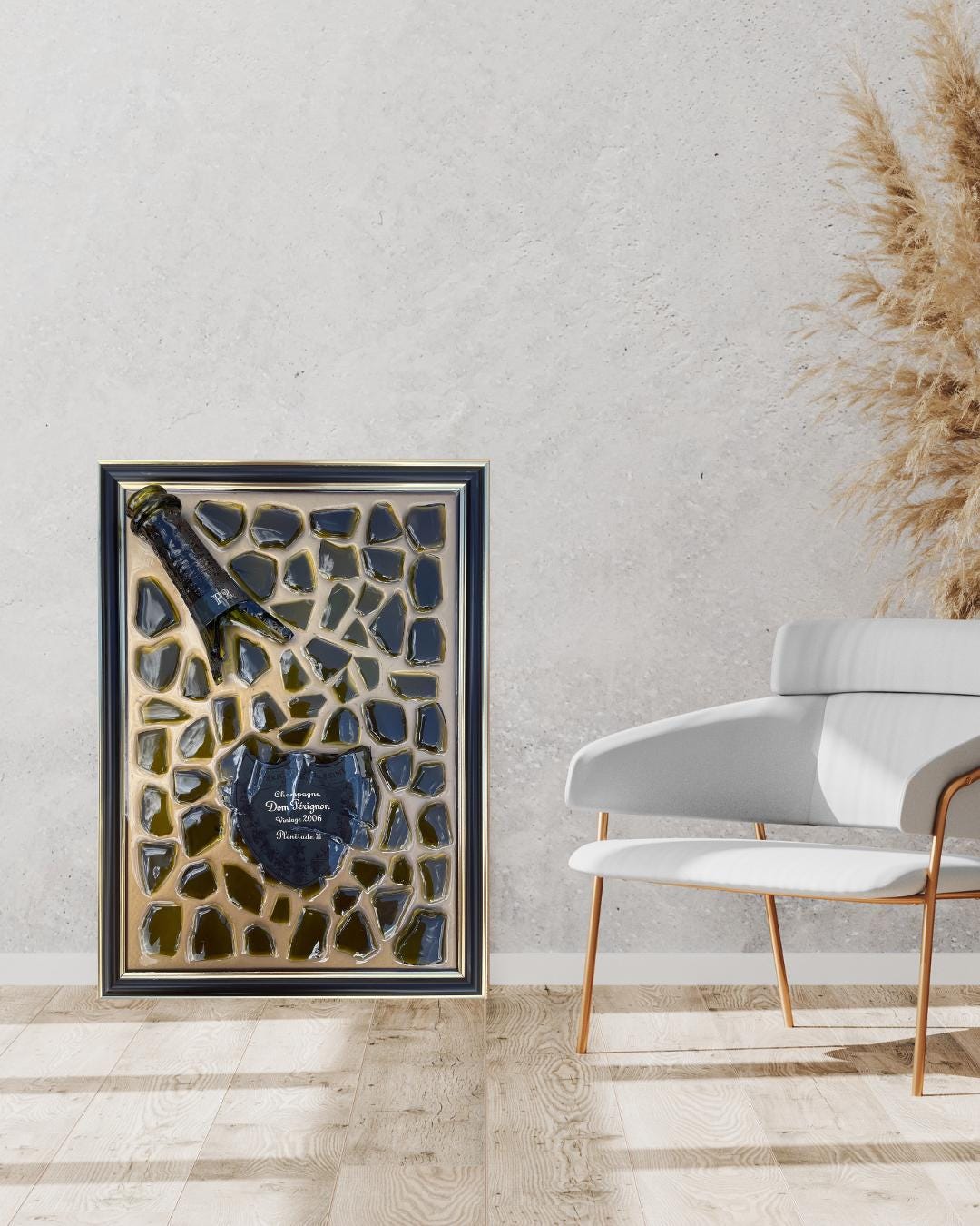Broken Bottle Art | Gold Epoxy Resin Perignon P2 2006 Painting | Broken Glass Art | Gift for Him