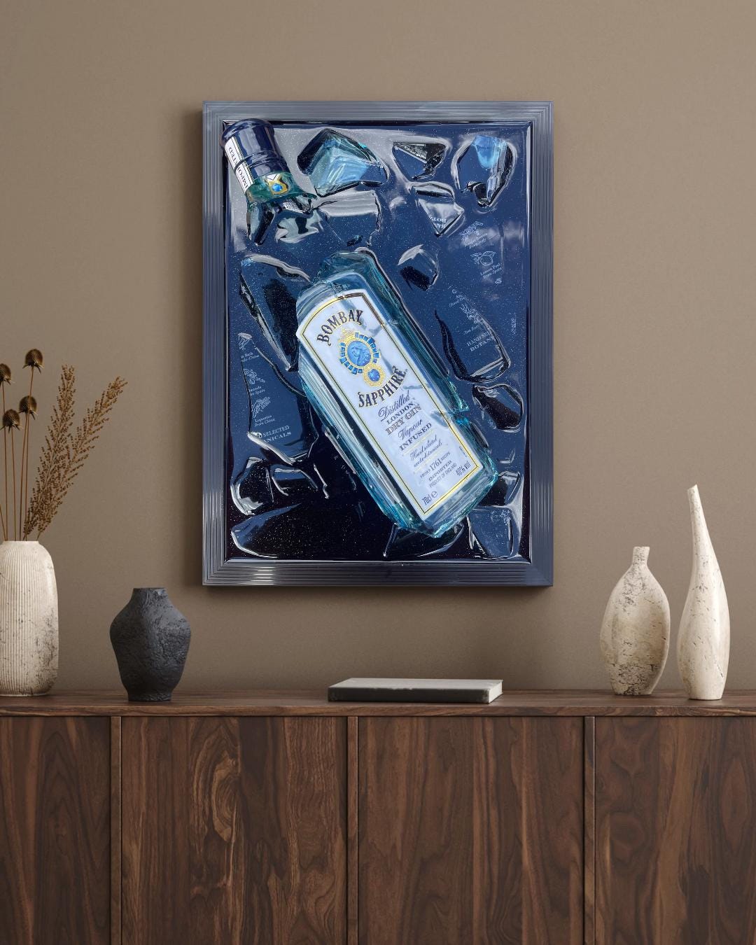 Bombay Gin Bottle Art | Unique Bar Wall Decor | Broken Bottle Art | Epoxy Resin Art | Gift for Him | Home Bar Decor