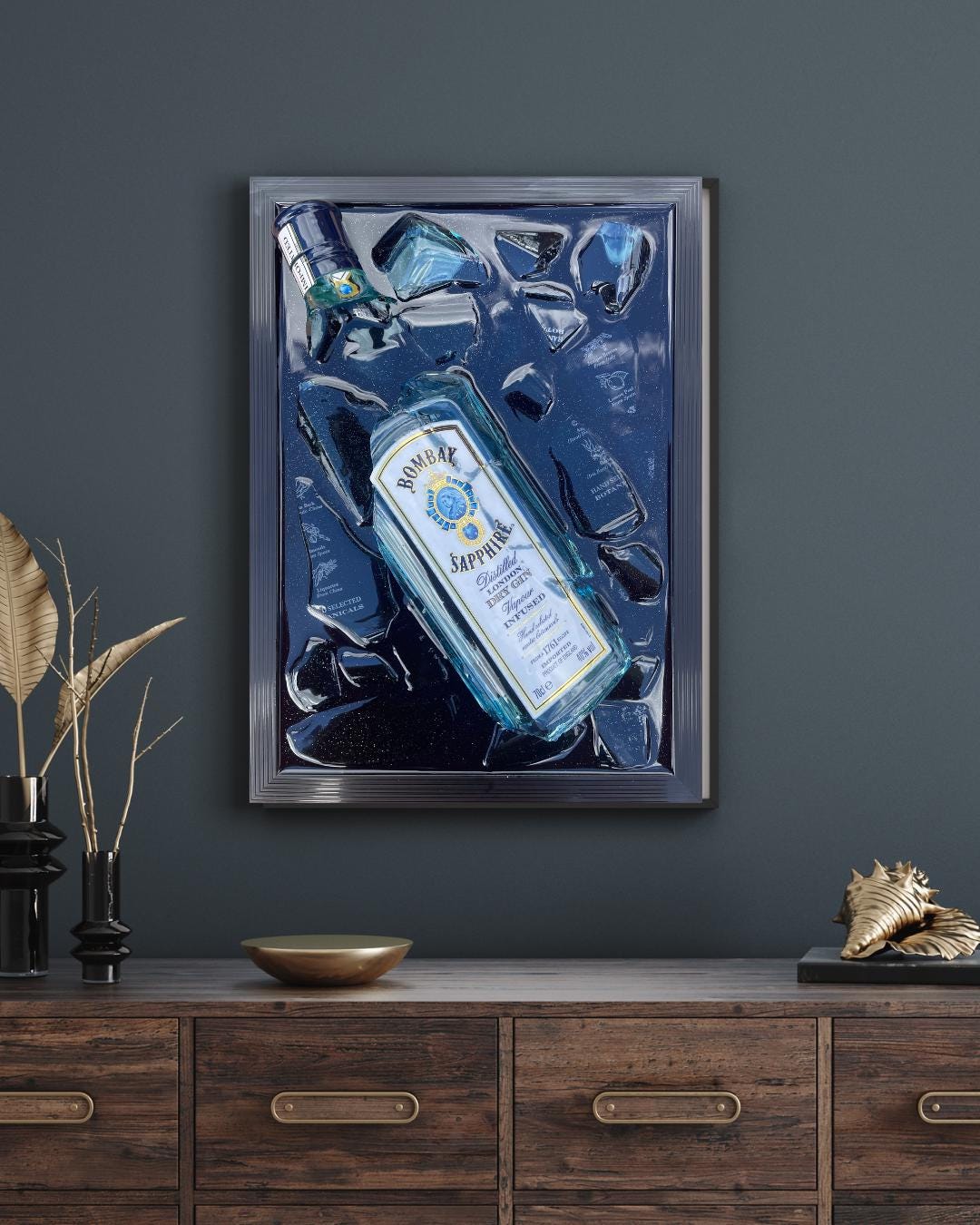 Bombay Gin Bottle Art | Unique Bar Wall Decor | Broken Bottle Art | Epoxy Resin Art | Gift for Him | Home Bar Decor