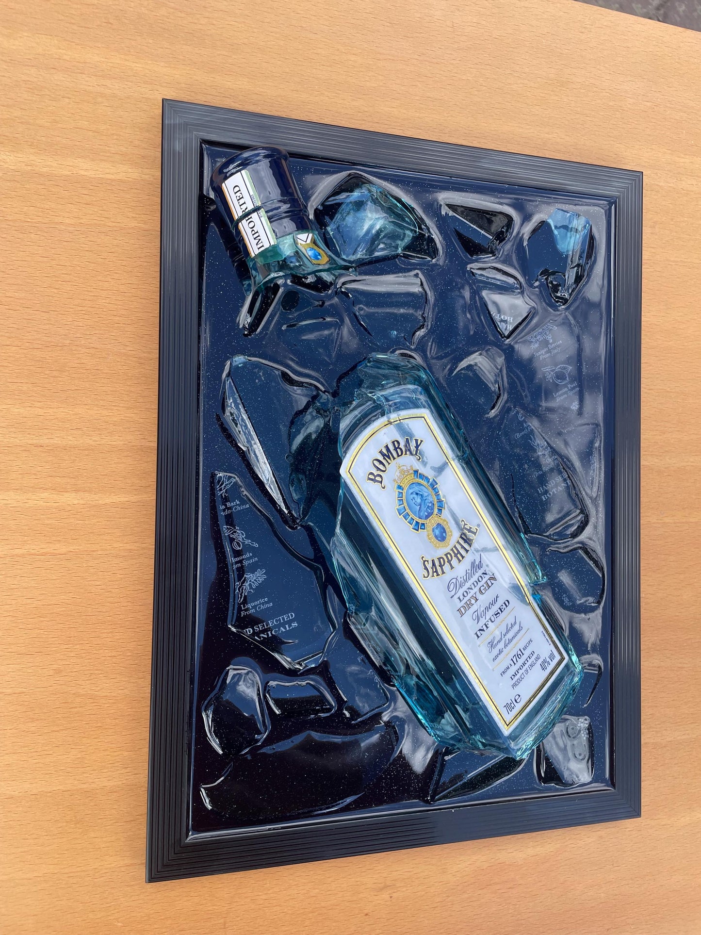 Bombay Gin Bottle Art | Unique Bar Wall Decor | Broken Bottle Art | Epoxy Resin Art | Gift for Him | Home Bar Decor