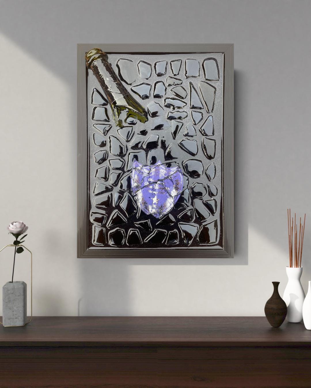 Luxury Epoxy Resin Art | Broken Bottle Art | Champagne Bottle | Pérignon Light Purple | Gift for Him | Broken Glass Art