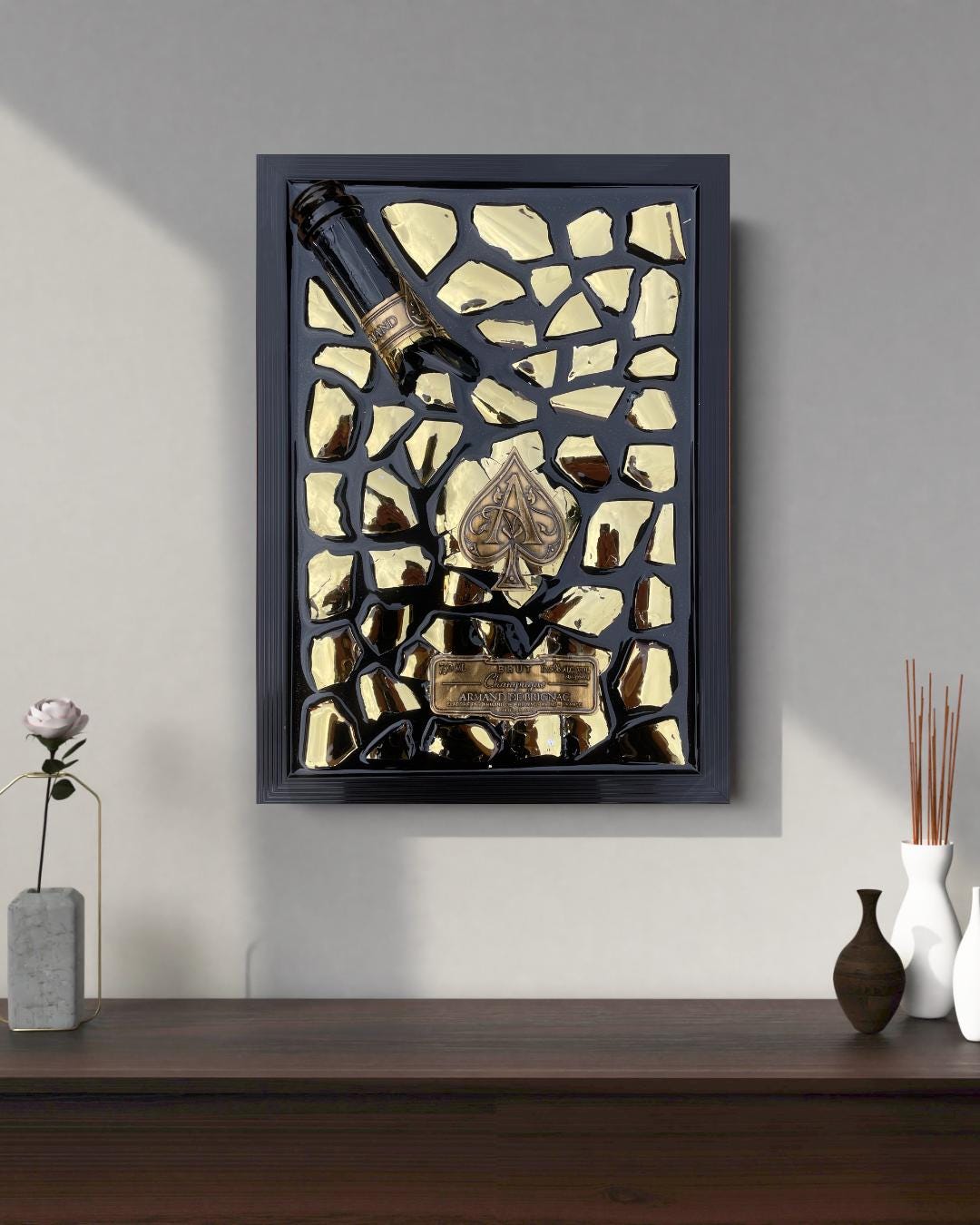 Luxury Epoxy Broken Bottle | Brignac Champagne Art | Gold Tones Resin | Broken Glass | Gift for Him | Unique Decor