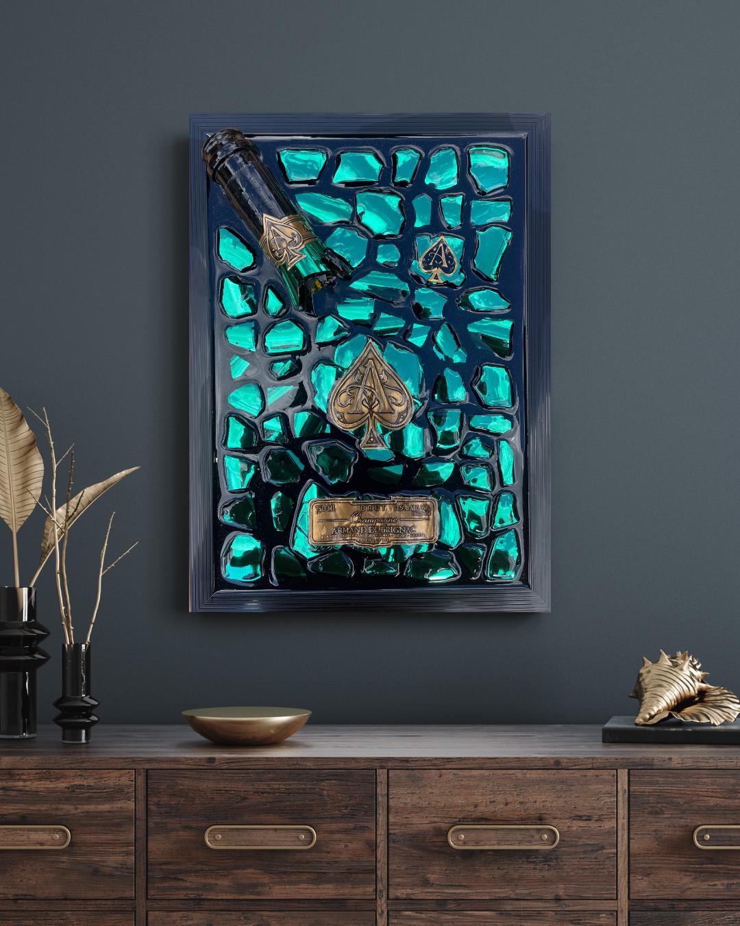 Brignac Green Broken Bottle Art | Epoxy Resin Art | Broken Glass Art | Unique Gift For Him | Home Decor