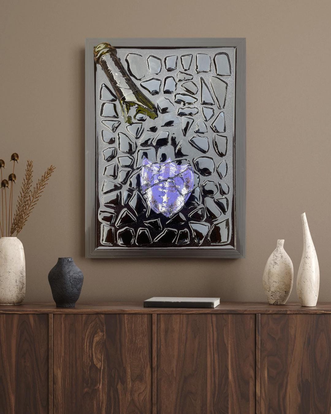 Luxury Epoxy Resin Art | Broken Bottle Art | Champagne Bottle | Pérignon Light Purple | Gift for Him | Broken Glass Art
