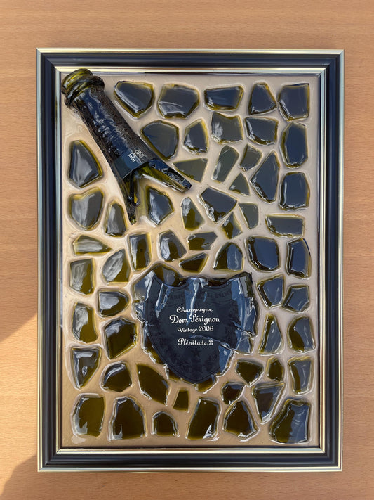 Broken Bottle Art | Gold Epoxy Resin Perignon P2 2006 Painting | Broken Glass Art | Gift for Him