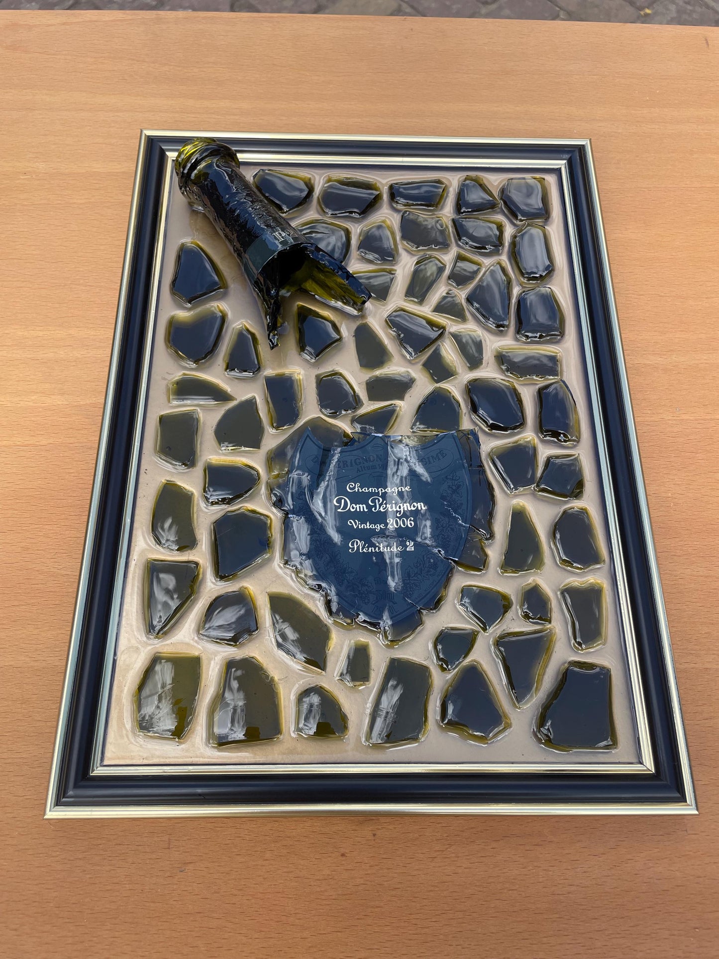 Broken Bottle Art Perignon P2 2006 Gold Epoxy Resin Painting Resinart Home Decor Unique Art Piece