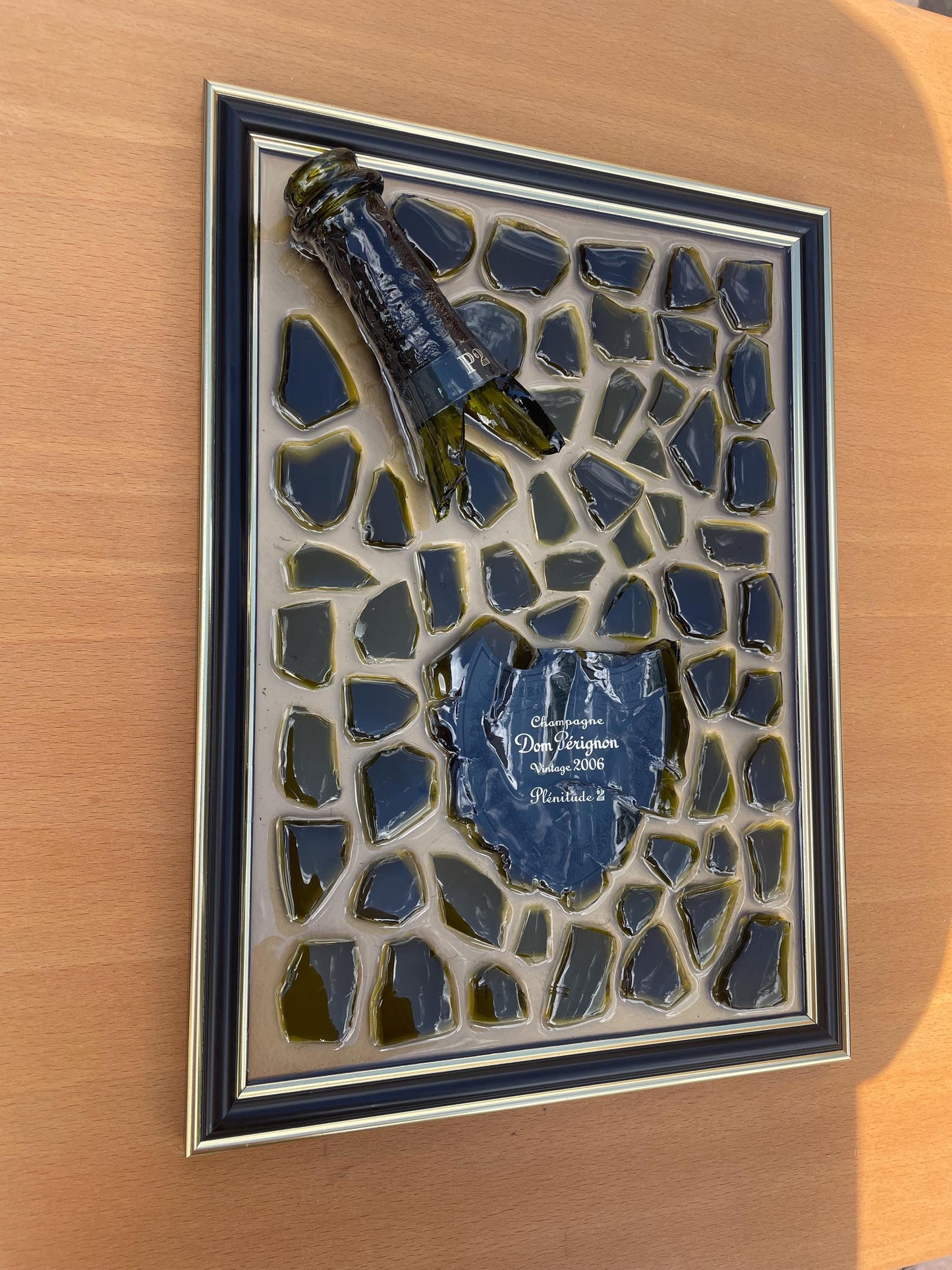 Broken Bottle Art | Gold Epoxy Resin Perignon P2 2006 Painting | Broken Glass Art | Gift for Him