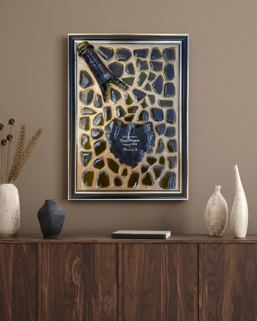 Broken Bottle Art | Gold Epoxy Resin Perignon P2 2006 Painting | Broken Glass Art | Gift for Him