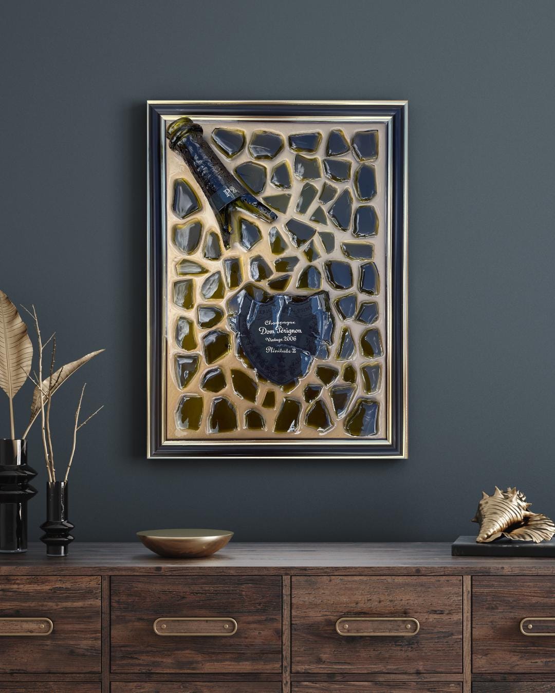 Broken Bottle Art | Gold Epoxy Resin Perignon P2 2006 Painting | Broken Glass Art | Gift for Him