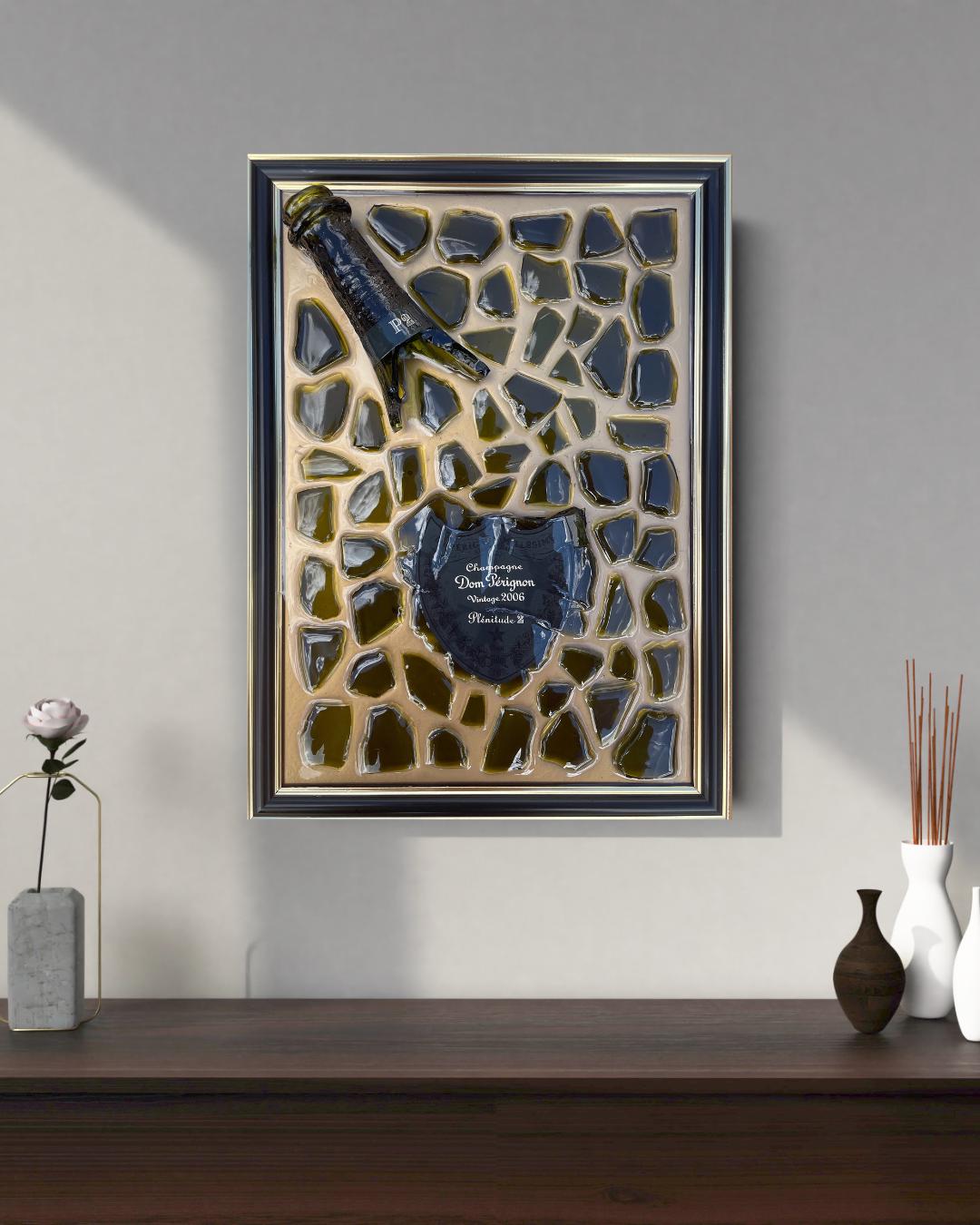 Broken Bottle Art Perignon P2 2006 Gold Epoxy Resin Painting Resinart Home Decor Unique Art Piece