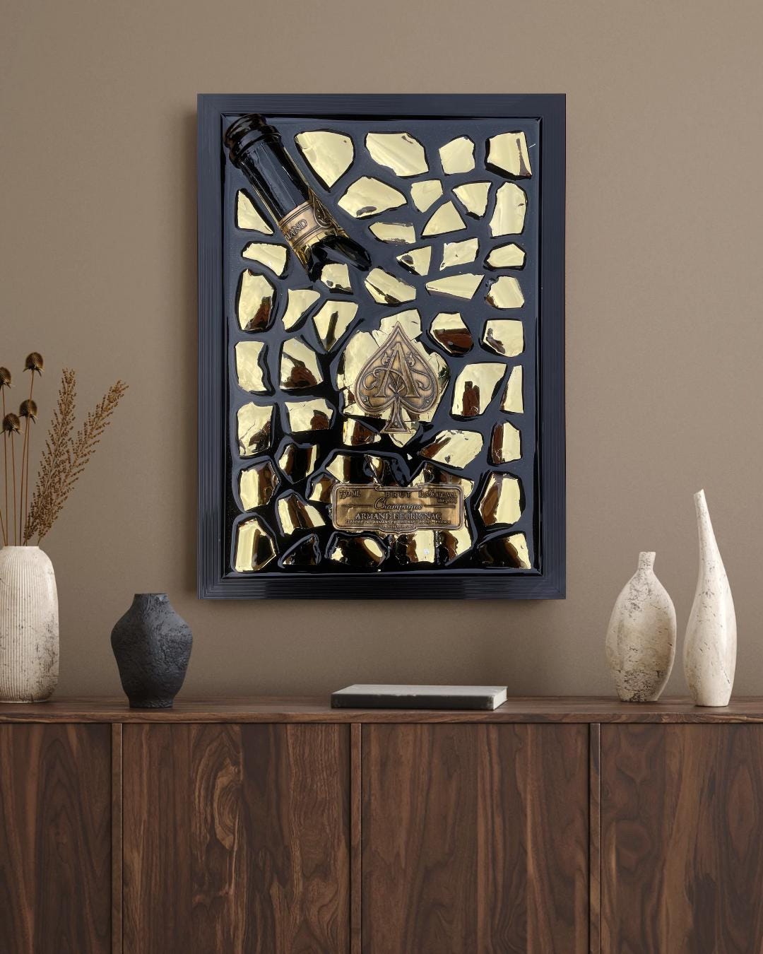 Luxury Epoxy Broken Bottle | Brignac Champagne Art | Gold Tones Resin | Broken Glass | Gift for Him | Unique Decor