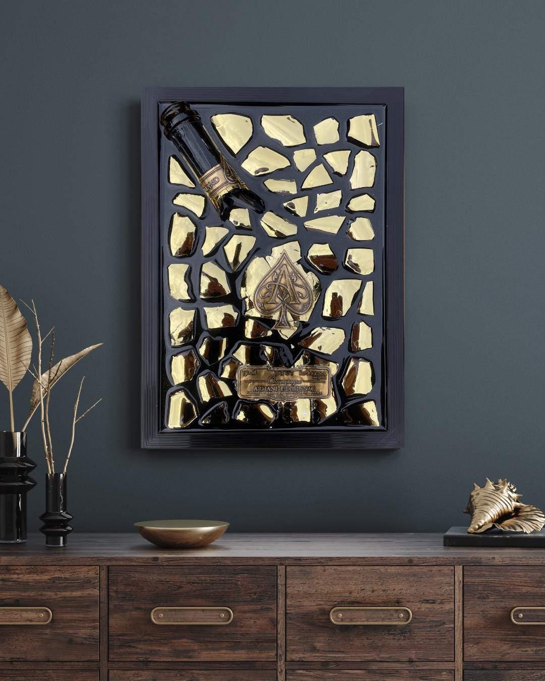 Luxury Epoxy Broken Bottle | Brignac Champagne Art | Gold Tones Resin | Broken Glass | Gift for Him | Unique Decor